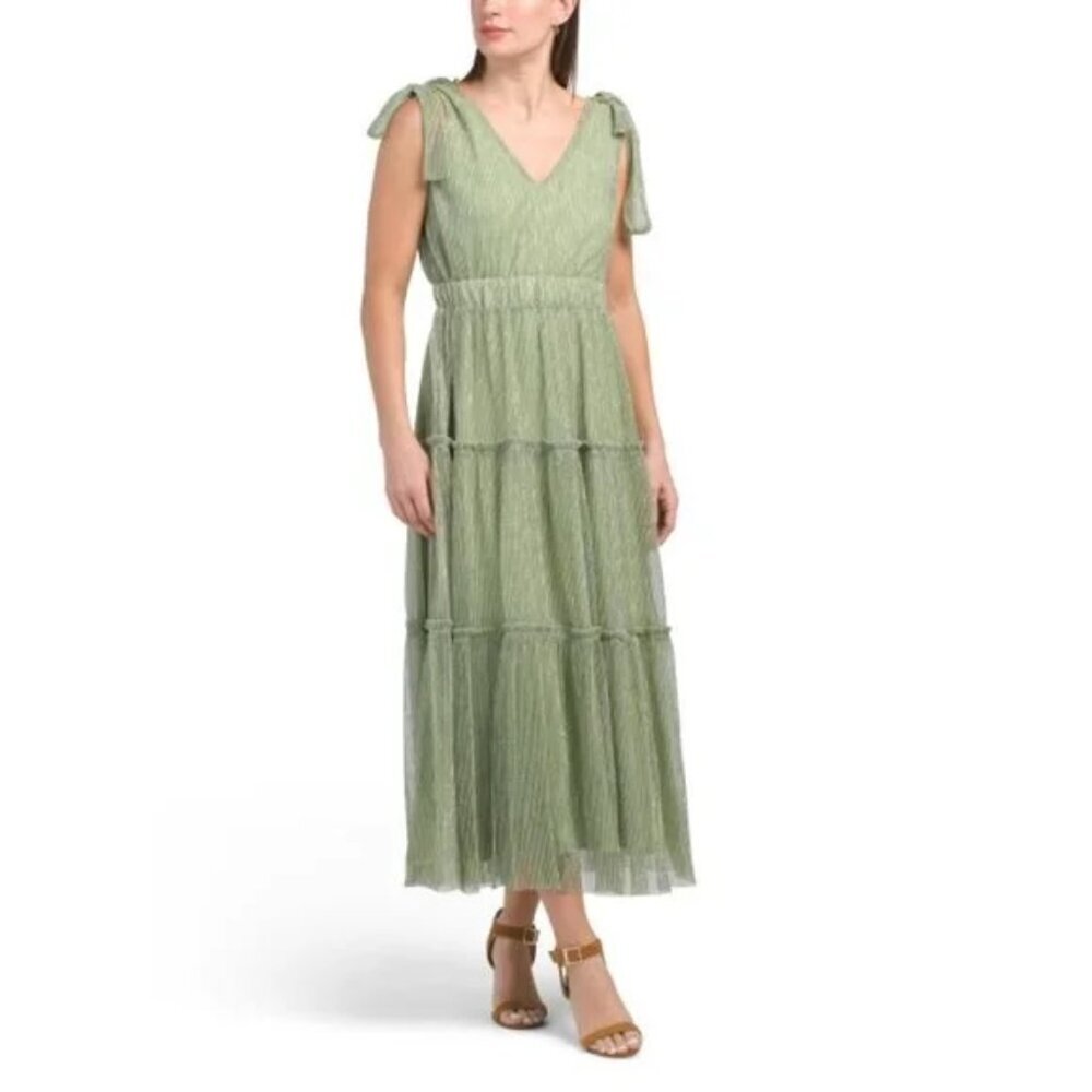 GREYLIN Sage Green Delilah Shoulder Tie Plisse Maxi Dress Sz M